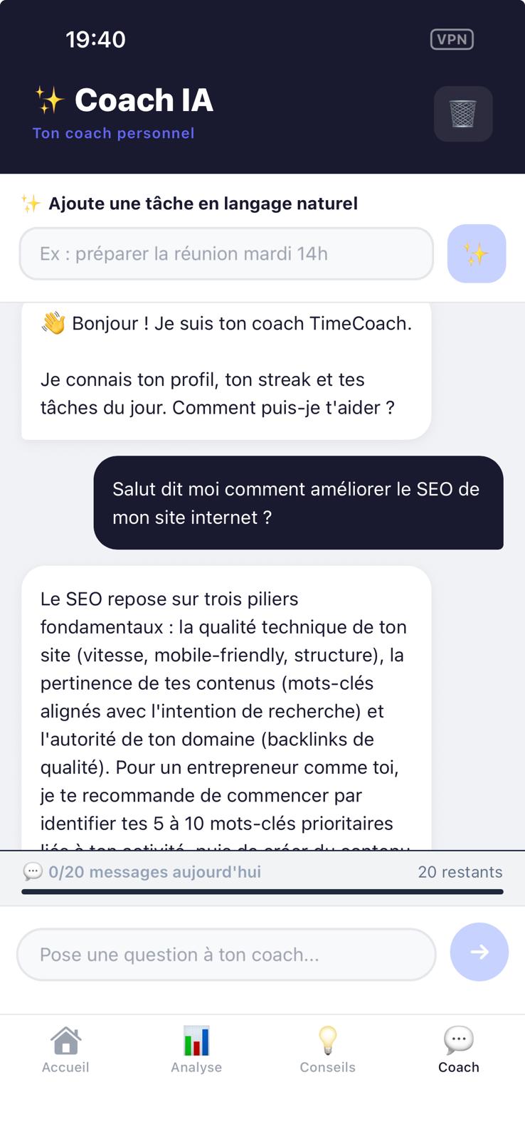 Coach IA TimeCoach — notifications proactives et chat