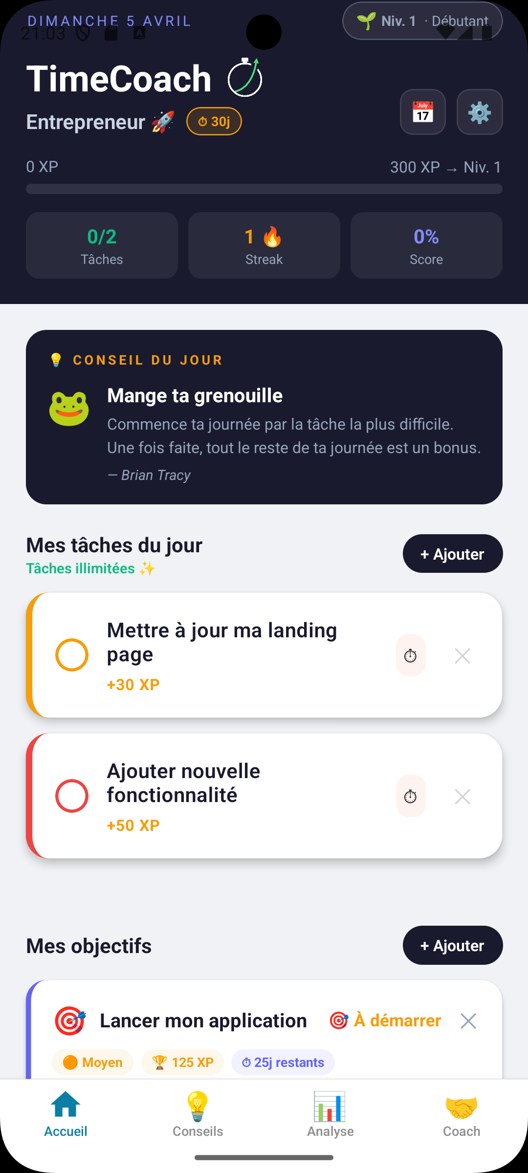 Écran TimeCoach profil Entrepreneur