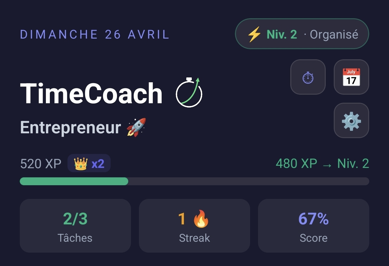 Écran d'accueil TimeCoach avec niveaux, XP et streak