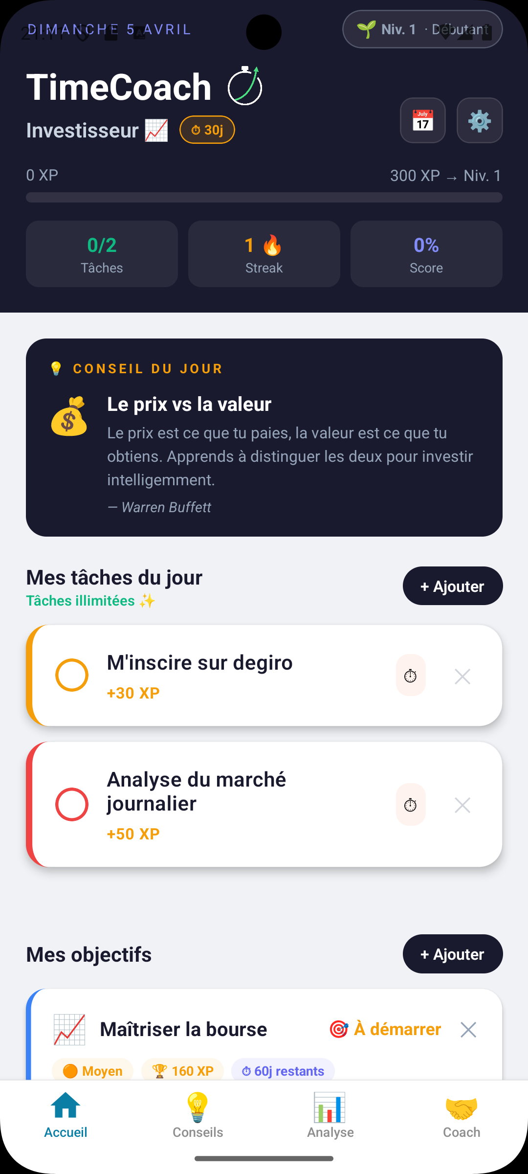 Écran TimeCoach profil Investisseur