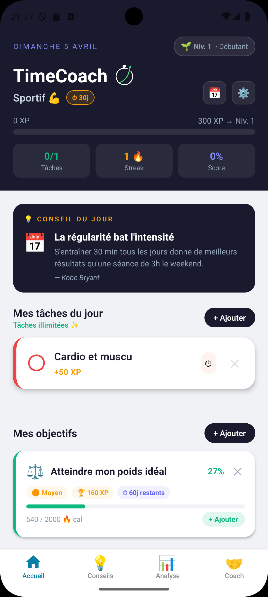Écran TimeCoach profil Sportif